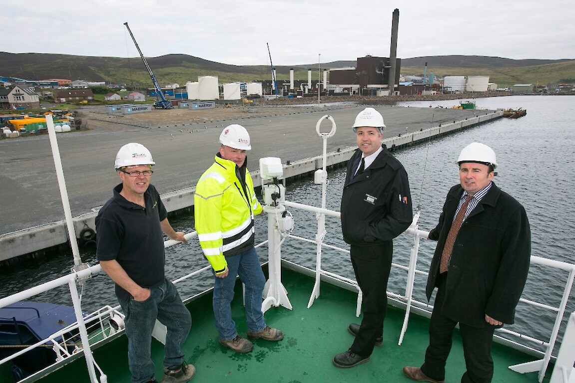 The handover of Mair’s Quay with (left to right): Alistair Tulloch and George Smith, Directors, Tulloch Developments; Captain Calum Grains, Harbourmaster, Lerwick Port Authority and Andy Sandison, Partner, Arch Henderson LLP