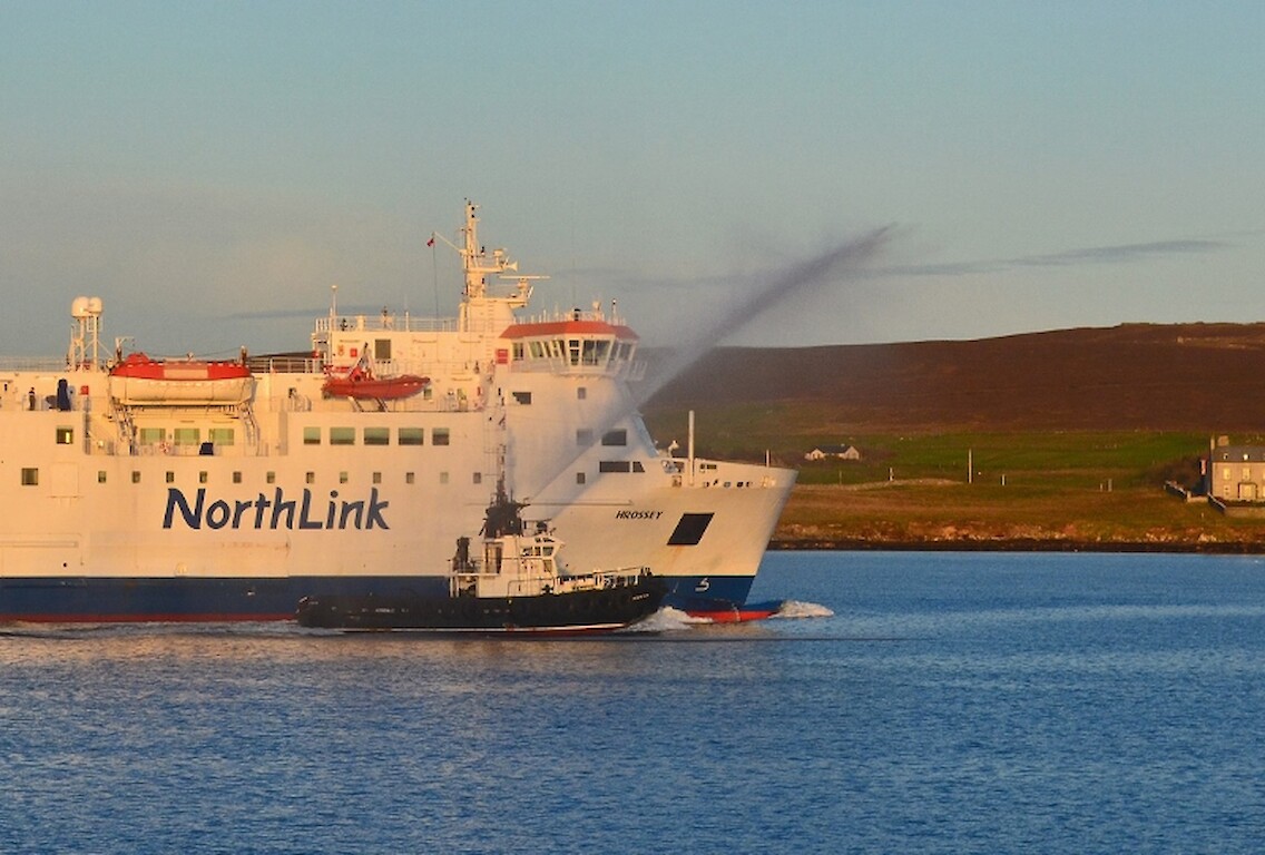 Pilot boat Kebister escorting Hrossey during Capt Nigel Barnes’ final departure from Lerwick Harbour