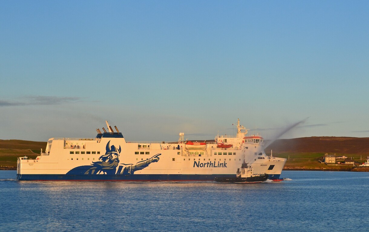 Pilot boat Kebister escorting Hrossey during Capt Nigel Barnes’ final departure from Lerwick Harbour.