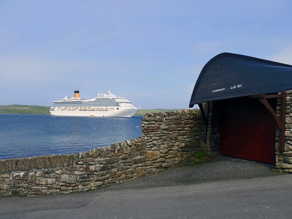 The 102,587 gross tonnes Costa Fortuna at anchor in Lerwick’s inner harbour. (Credit: John Anderson)