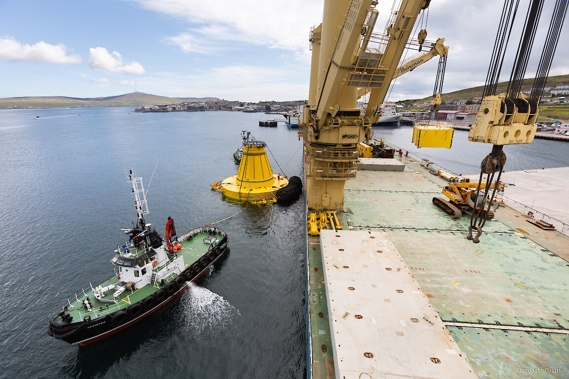 The turret buoy mooring system for Hurricane Energy&#039;s Lancaster development, successfully offloaded in Lerwick Harbour, en route to the west of Shetland field.