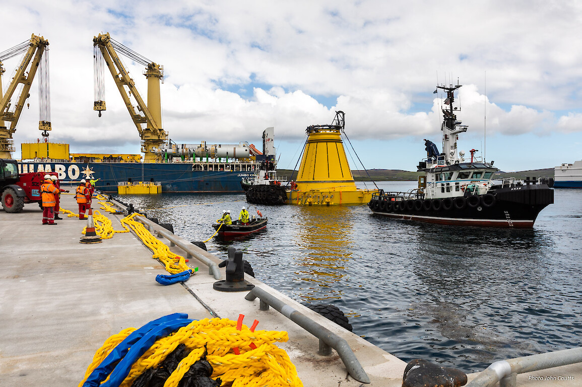 Lerwick Harbour tugs Knab and Kebister assisting to manoeuvre the Lancaster Field turret buoy under tow to Mair’s Pier South before being towed west of Shetland.