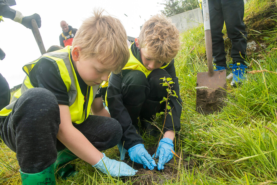 Tree planting at Holmsgarth Brae with Bell's Brae School, Shetland Amenity Trust and Viking Energy Windfarm Project.