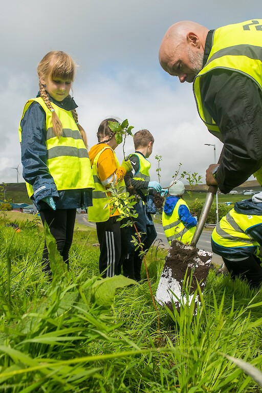 Tree planting at Holmsgarth Brae with Bell's Brae School, Shetland Amenity Trust and Viking Energy Windfarm Project.