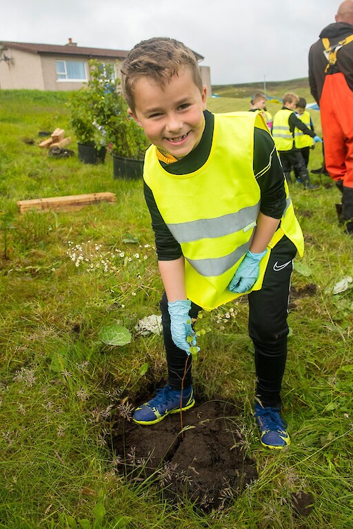 Tree planting at Holmsgarth Brae with Bell's Brae School, Shetland Amenity Trust and Viking Energy Windfarm Project.